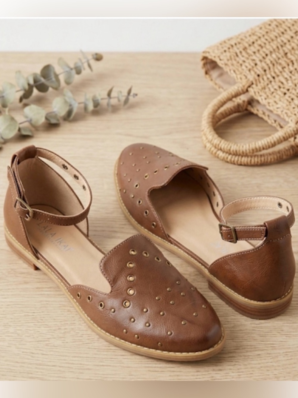 LALA IKAI Women Studded Flat Sandal Closed Toe Ankle Strap Leather Cut Out Shoes